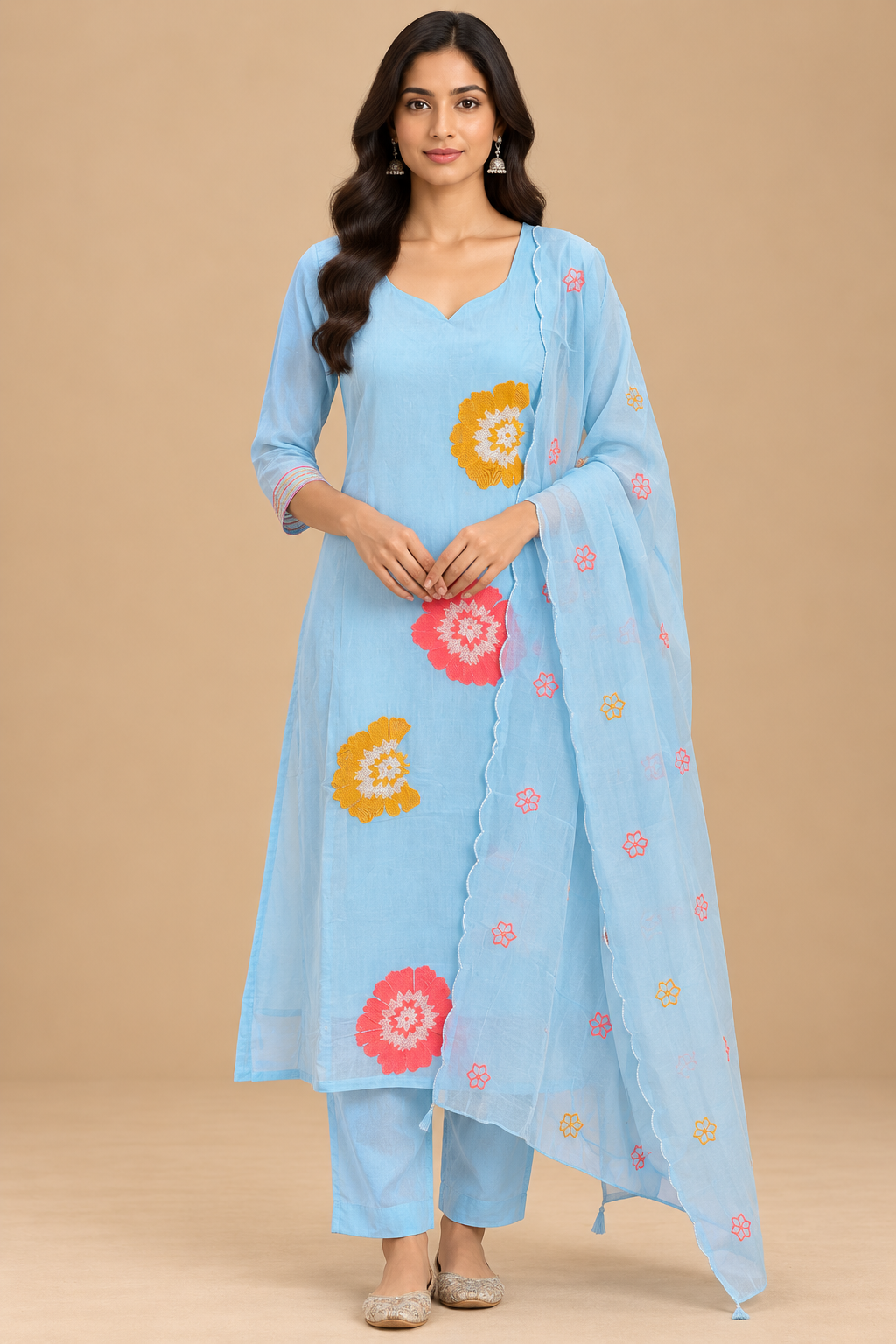 Sky Blue Mul Chanderi Floral Embroidered A-line Cut Suit Set